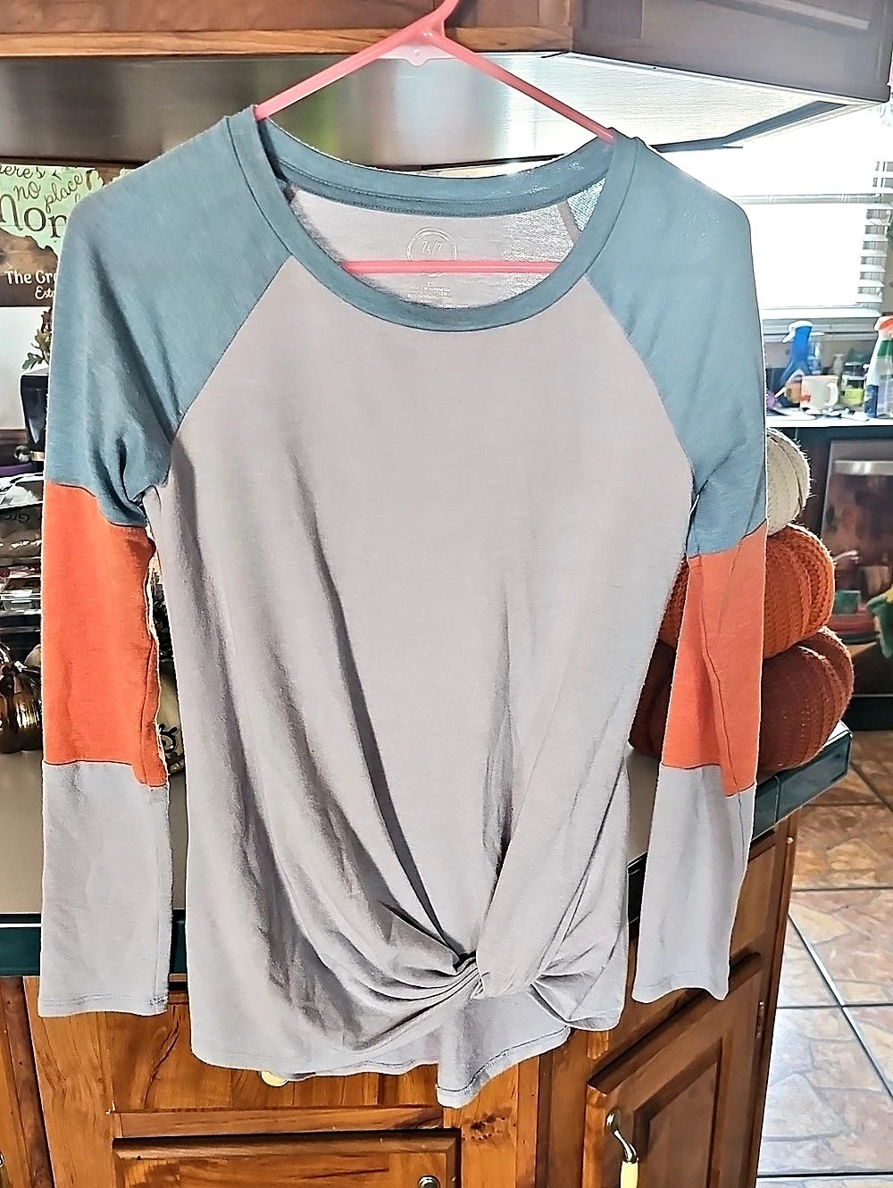 Color Block Long Sleeve Top in Gray & Blue Like New